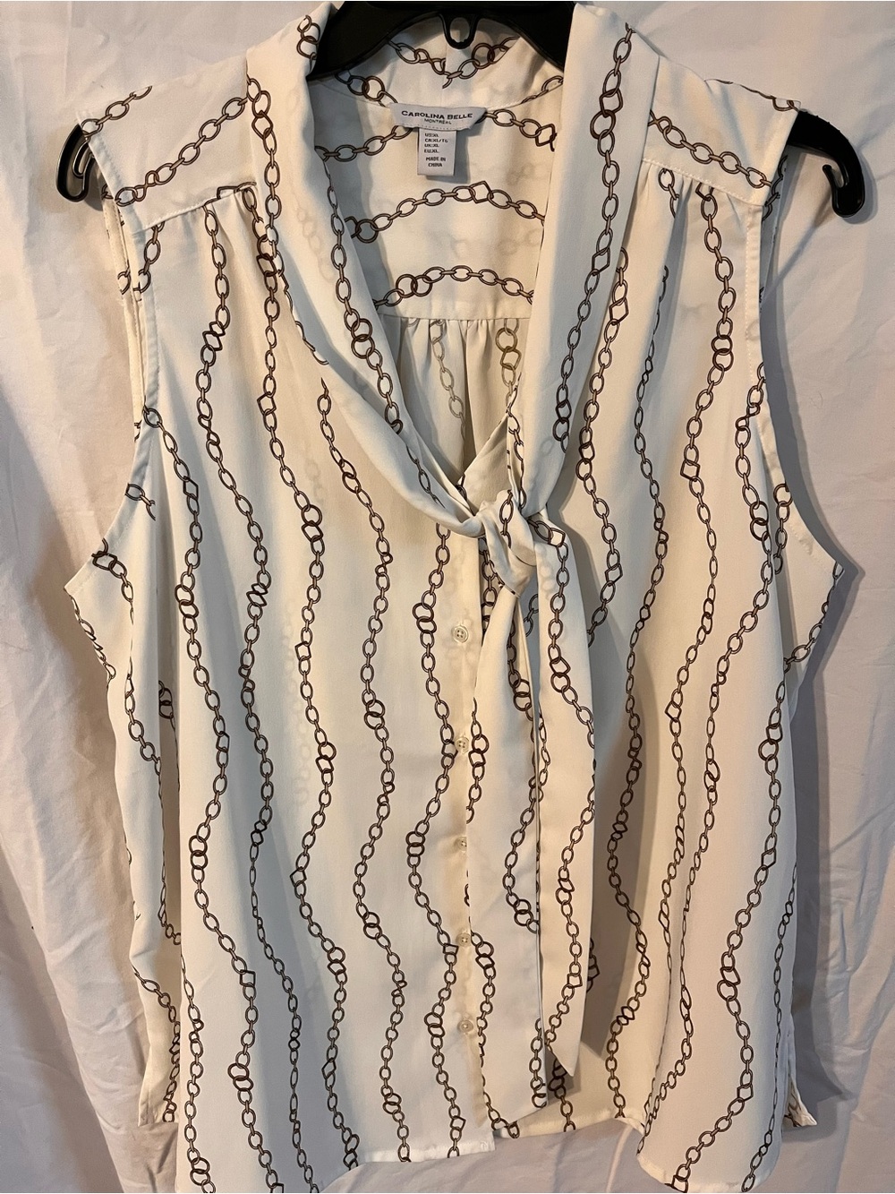 Carolina Belle Cream Sleeveless Tie-Neck Blouse with Brown Chain Print